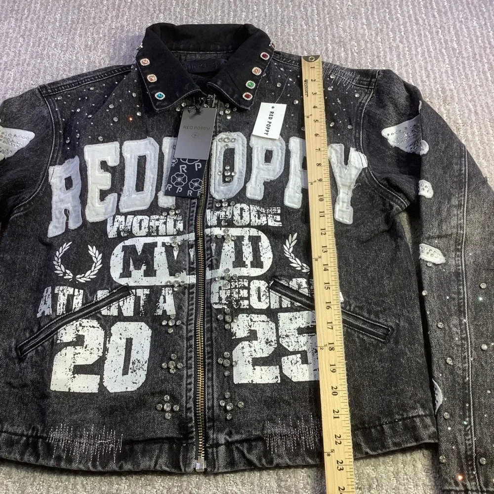 Red Poppy Mens Black Wash Embellished Graphic Denim‎ Jacket XS NWT